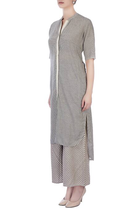 Buy_Urvashi Kaur_Grey And White Stripe Cotton Kurta & Pants _Online_at_Aza_Fashions