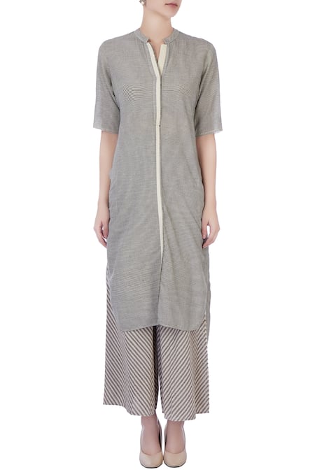 Shop_Urvashi Kaur_Grey And White Stripe Cotton Kurta & Pants _Online_at_Aza_Fashions