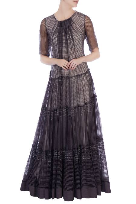Urvashi Kaur Grey Noile Silk Plain Round Ruffle Tiered Gown For Women