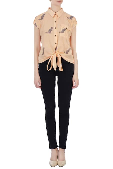 Shop_Sayantan Sarkar_Peach Spread Collar Jamdani Button Front Shirt _Online_at_Aza_Fashions