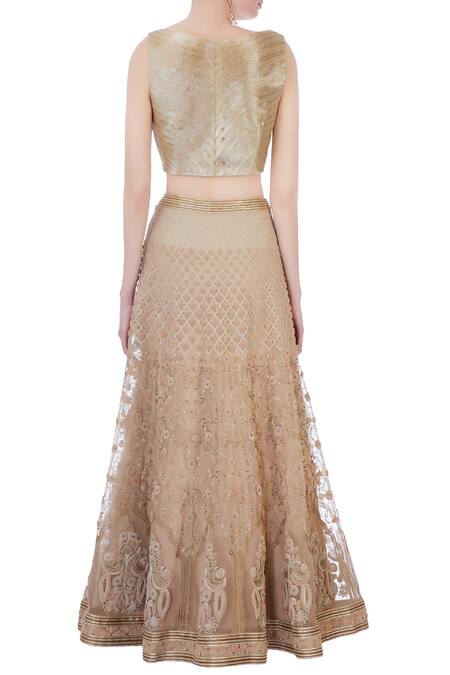 Shop Rimzim Dadu Beige Silk, Organza And Chanderi 3d Embroidered Lehenga Set at Aza Fashions Shop_Rimzim Dadu_Beige Silk, Organza And Chanderi 3d Embroidered Lehenga Set_at_Aza_Fashions