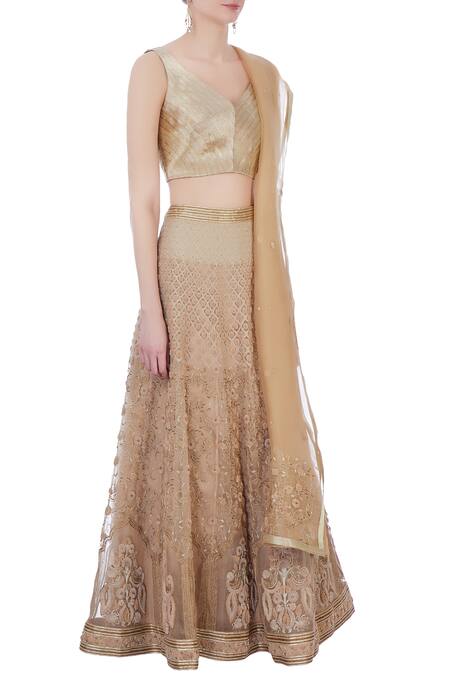 Rimzim Dadu Beige Silk, Organza And Chanderi 3d Embroidered Lehenga Set Online at Aza Fashions Rimzim Dadu_Beige Silk, Organza And Chanderi 3d Embroidered Lehenga Set_Online_at_Aza_Fashions