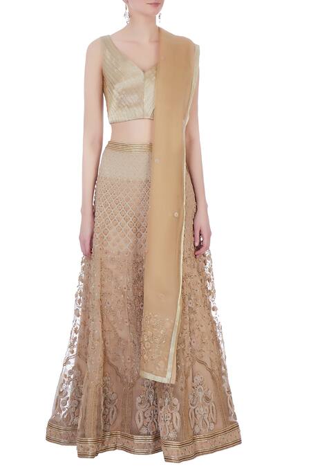 Shop Rimzim Dadu Beige Silk, Organza And Chanderi 3d Embroidered Lehenga Set Online at Aza Fashions Shop_Rimzim Dadu_Beige Silk, Organza And Chanderi 3d Embroidered Lehenga Set_Online_at_Aza_Fashions