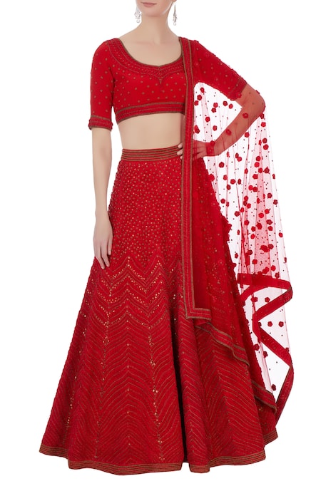 Rimzim Dadu Red Silk, Cotton Chanderi And Net 3d Embroidered Lehenga Set