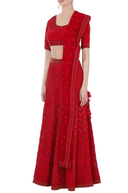 Buy_Rimzim Dadu_Red Silk, Cotton Chanderi And Net 3d Embroidered Lehenga Set_Online_at_Aza_Fashions