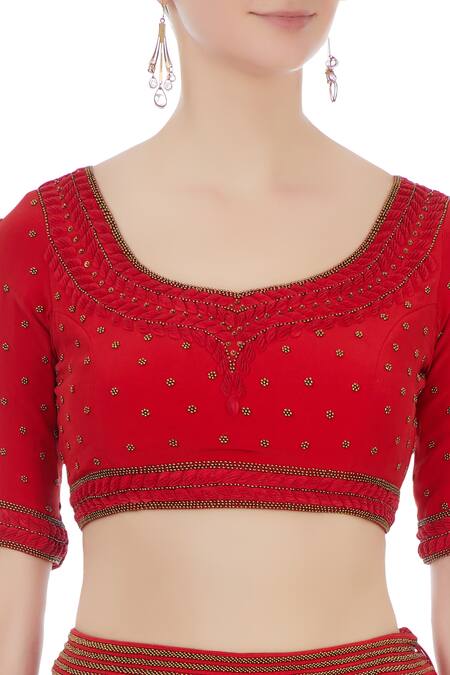 Rimzim Dadu_Red Silk, Cotton Chanderi And Net 3d Embroidered Lehenga Set_at_Aza_Fashions