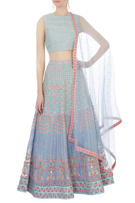 Rimzim Dadu Blue Lilac Silk, Organza And Chanderi 3d Embroidered Lehenga Set