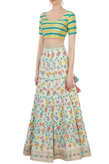 Buy_Rimzim Dadu_White Silk And Cotton Chanderi 3d Embroidered Lehenga Set_Online_at_Aza_Fashions