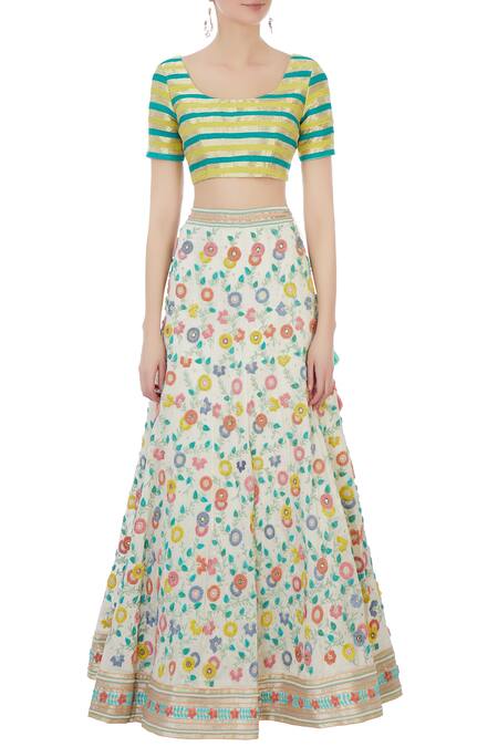 Shop_Rimzim Dadu_White Silk And Cotton Chanderi 3d Embroidered Lehenga Set_Online_at_Aza_Fashions