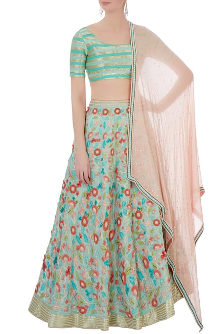 Rimzim Dadu Mint Green And Peach Silk And Cotton Chanderi 3d Embroidered Lehenga Set