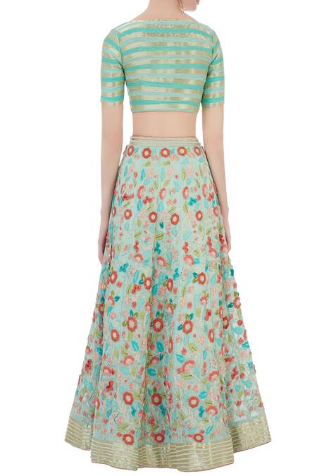 Shop Rimzim Dadu Mint Green And Peach Silk And Cotton Chanderi 3d Embroidered Lehenga Set at Aza Fashions Shop_Rimzim Dadu_Mint Green And Peach Silk And Cotton Chanderi 3d Embroidered Lehenga Set_at_Aza_Fashions