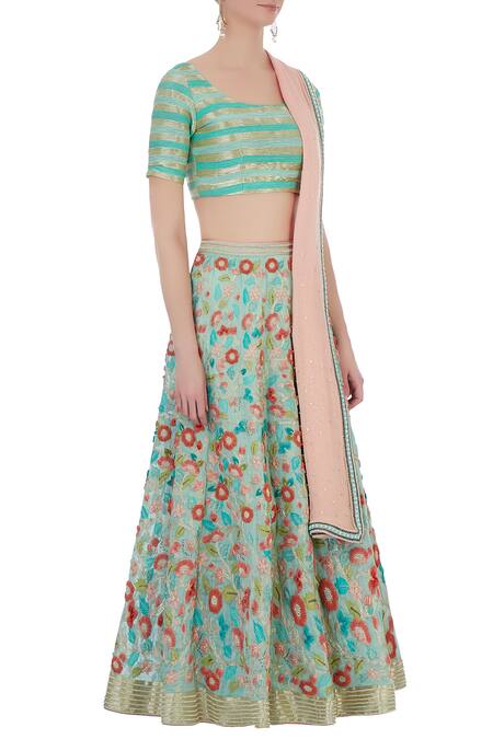 Rimzim Dadu Mint Green And Peach Silk And Cotton Chanderi 3d Embroidered Lehenga Set Online at Aza Fashions Rimzim Dadu_Mint Green And Peach Silk And Cotton Chanderi 3d Embroidered Lehenga Set_Online_at_Aza_Fashions