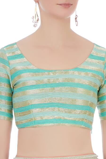 Rimzim Dadu Mint Green And Peach Silk And Cotton Chanderi 3d Embroidered Lehenga Set at Aza Fashions Rimzim Dadu_Mint Green And Peach Silk And Cotton Chanderi 3d Embroidered Lehenga Set_at_Aza_Fashions