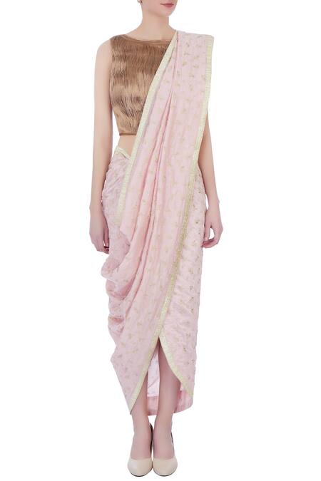 Rimzim Dadu Pink Silk Pre-draped Embroidered Dhoti Saree Online at Aza Fashions Rimzim Dadu_Pink Silk Pre-draped Embroidered Dhoti Saree_Online_at_Aza_Fashions