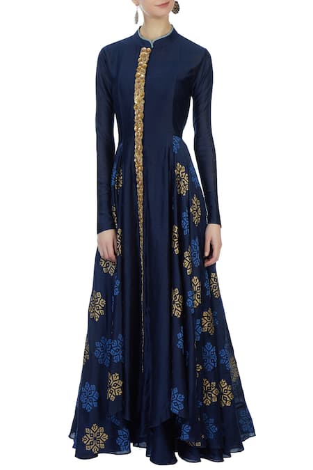 Aksh Blue Chanderi Jacket With Anarkali 