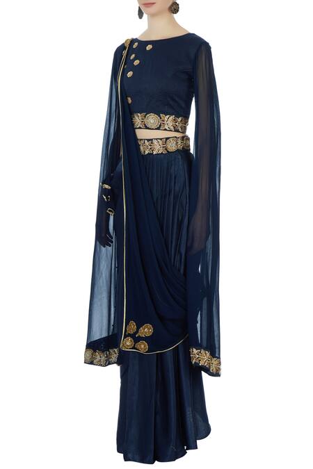 Buy_Aksh_Blue Georgette, Modal Satin Embroidered Round Navy Dhoti Saree Set_Online_at_Aza_Fashions