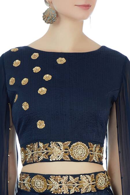 Aksh_Blue Georgette, Modal Satin Embroidered Round Navy Dhoti Saree Set_at_Aza_Fashions