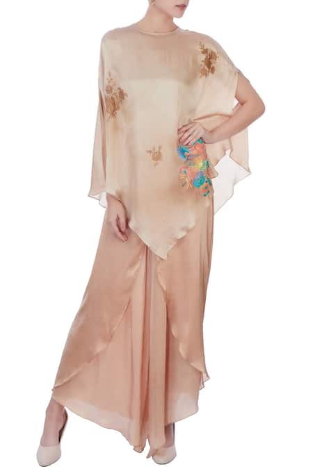 Neeta Bhargava Beige Satin Round Asymmetric Cape Tunic  