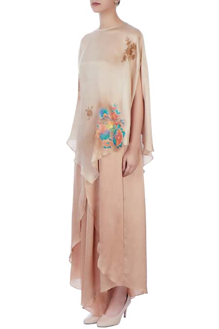 Buy_Neeta Bhargava_Beige Silk, Satin Round Asymmetric Cape Tunic _Online_at_Aza_Fashions