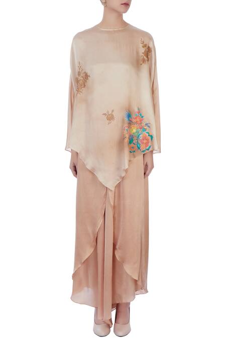 Shop_Neeta Bhargava_Beige Silk, Satin Round Asymmetric Cape Tunic _Online_at_Aza_Fashions