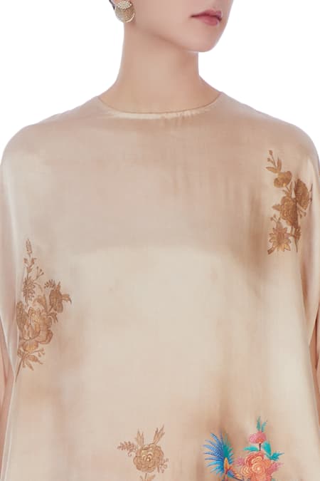 Neeta Bhargava_Beige Silk, Satin Round Asymmetric Cape Tunic _at_Aza_Fashions