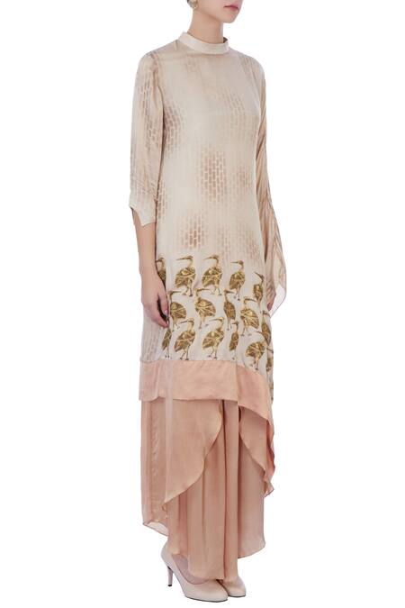 Neeta Bhargava_Beige Round Asymmetric Cape And Palazzo Set _Online_at_Aza_Fashions