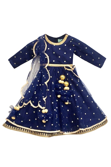Shop Fayon Kids Blue Net, Silk Pom-poms, Sequins Lehenga Saree With Drape at Aza Fashions Shop_Fayon Kids_Blue Net, Silk Pom-poms, Sequins Lehenga Saree With Drape _at_Aza_Fashions