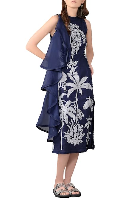 Sahil Kochhar Blue Navy Organza Midi Dress  