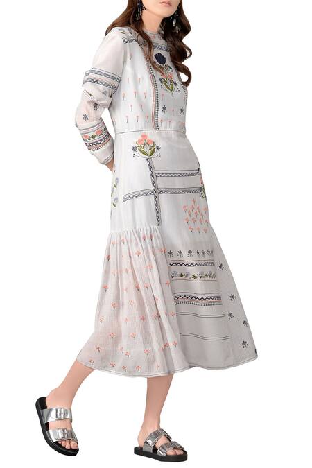 Sahil Kochhar Grey Floral Embroidered Cotton Silk Dress For Women