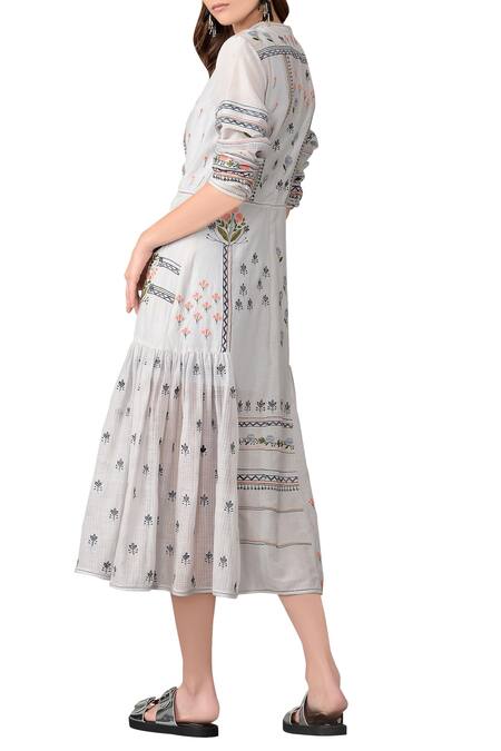 Shop_Sahil Kochhar_Grey Floral Embroidered Cotton Silk Dress  _at_Aza_Fashions
