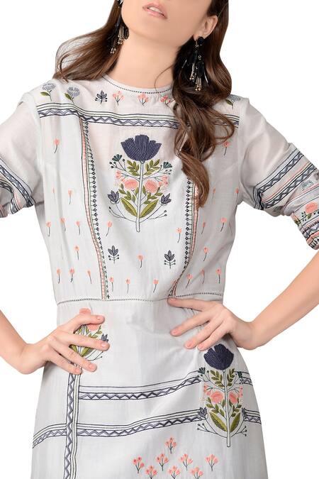 Sahil Kochhar_Grey Floral Embroidered Cotton Silk Dress  _Online_at_Aza_Fashions