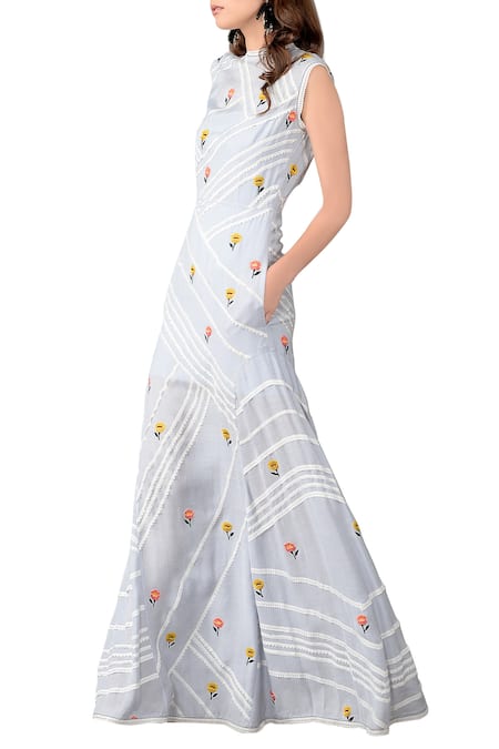 Sahil Kochhar Cashmere blue chain stitch embroidered maxi dress 