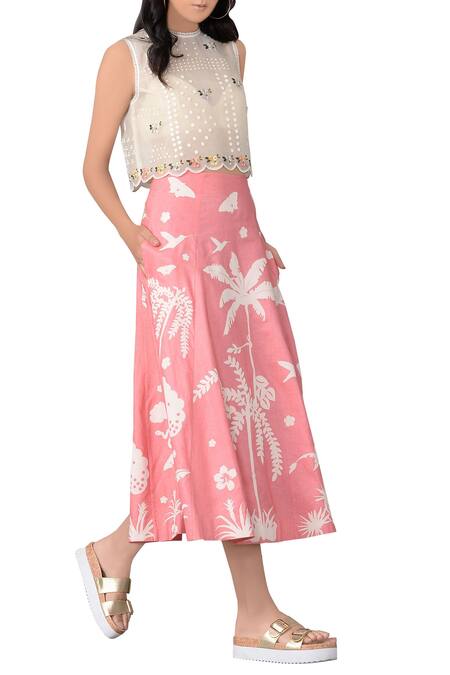 Sahil Kochhar White Organza Embroidered Floral Motifs Jewel Crop Top And Skirt Set