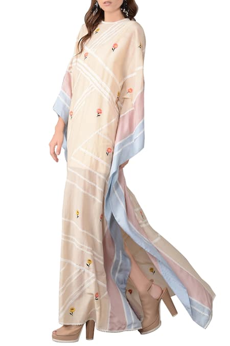 Sahil Kochhar Beige Cotton Silk Embroidered Floral Motifs Round Neck Kaftan  