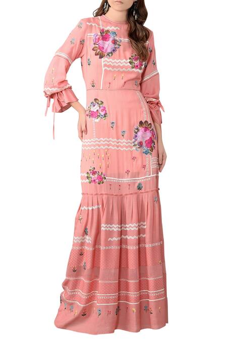 Sahil Kochhar Pink Coral Embroidered Maxi Dress For Women