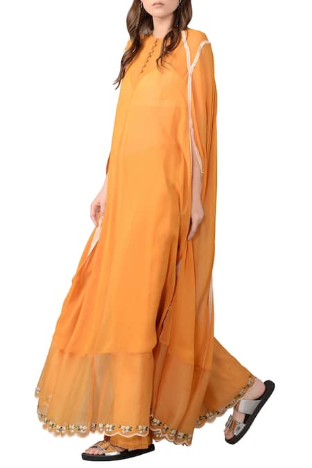 Sahil Kochhar Yellow Viscose Georgette Embroidered Ochre Kaftan And Trouser Set For Women