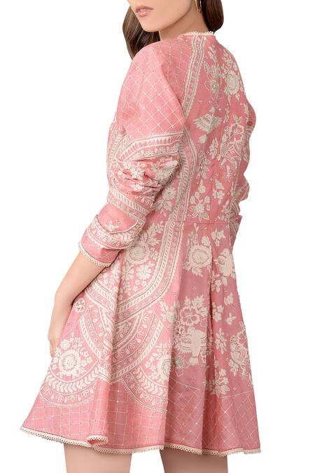 Shop Sahil Kochhar Pink Old Rose Embroidered Skater Dress at Aza Fashions Shop_Sahil Kochhar_Pink Old Rose Embroidered Skater Dress _at_Aza_Fashions