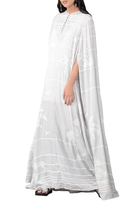 Sahil Kochhar Grey Drill Stripe Applique Floral Round Neck Kaftan  