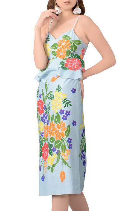 Shop Sahil Kochhar Blue Sky Floral Cotton Silk Dress at Aza Fashions Shop_Sahil Kochhar_Blue Sky Floral Cotton Silk Dress _at_Aza_Fashions