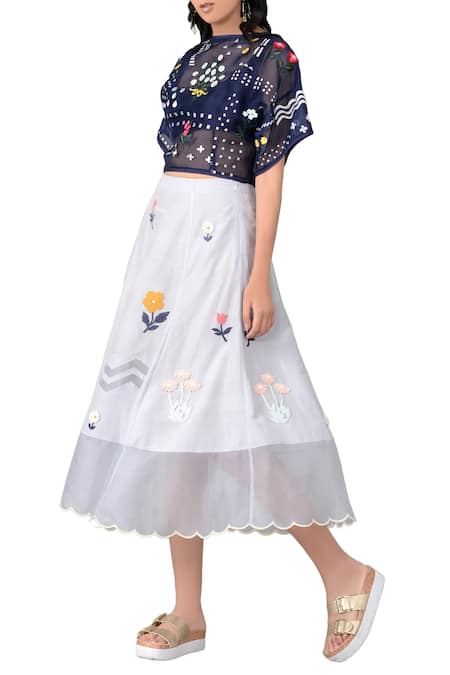 Sahil Kochhar Blue Organza Embroidered Floral Motifs Boat Neck Skirt Set  