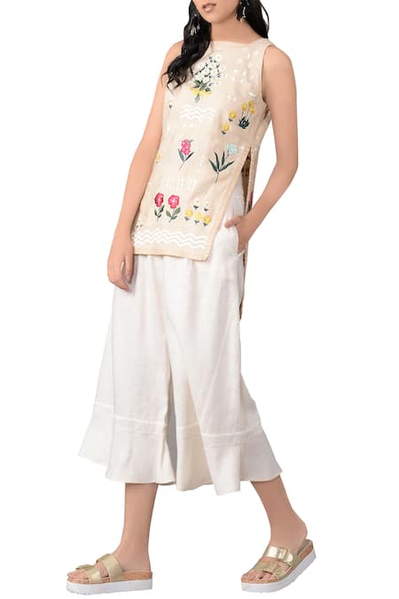 Sahil Kochhar Beige Square Neck Linen Embroidered Top For Women
