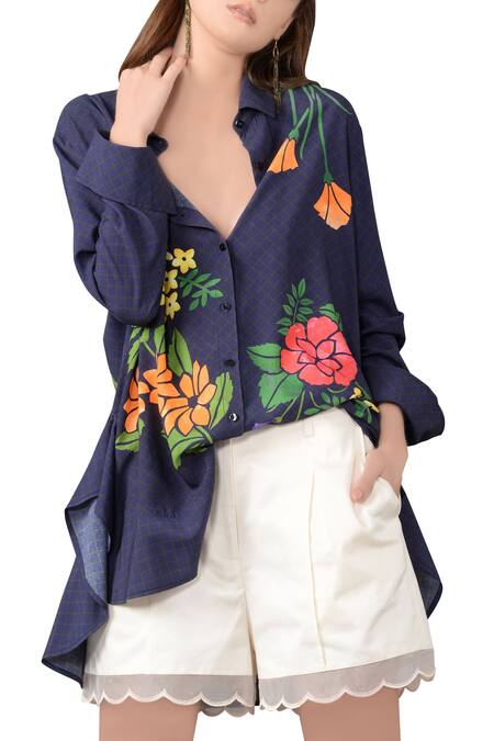 Shop Sahil Kochhar Blue Modal Checkered, Floral Shirt Collar Embroidered at Aza Fashions Shop_Sahil Kochhar_Blue Modal Checkered, Floral Shirt Collar Embroidered_at_Aza_Fashions