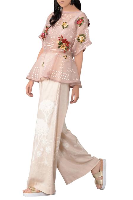 Sahil Kochhar Pink Bateau Organza Embroidered Top For Women