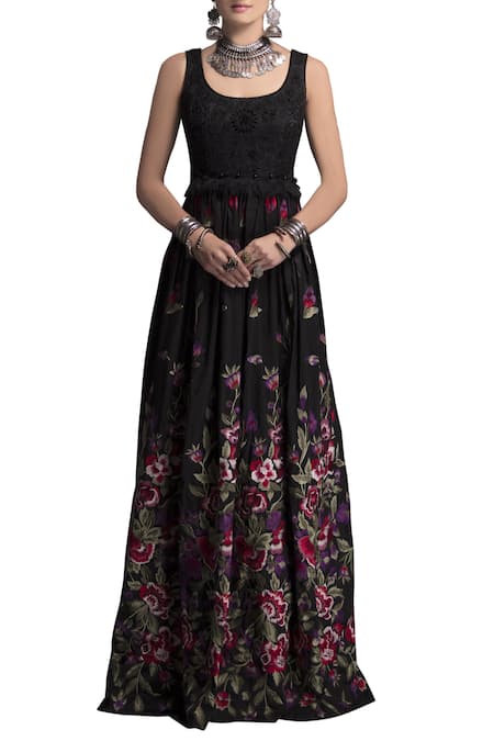 Payal Jain Black Tafetta Round Embroidered Gown For Women