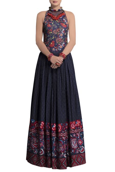 Payal Jain Blue Textured Cotton Embroidered Floral Skirt For Women