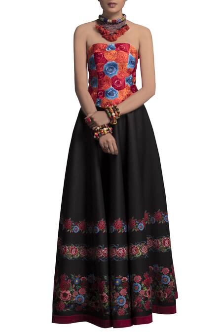 Payal Jain Black Silk Embroidered Floral Motifs Corset And Neoprene Skirt Set For Women
