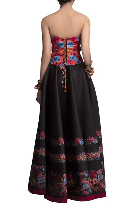 Shop_Payal Jain_Black Silk Embroidered Floral Motifs Corset And Neoprene Skirt Set_at_Aza_Fashions