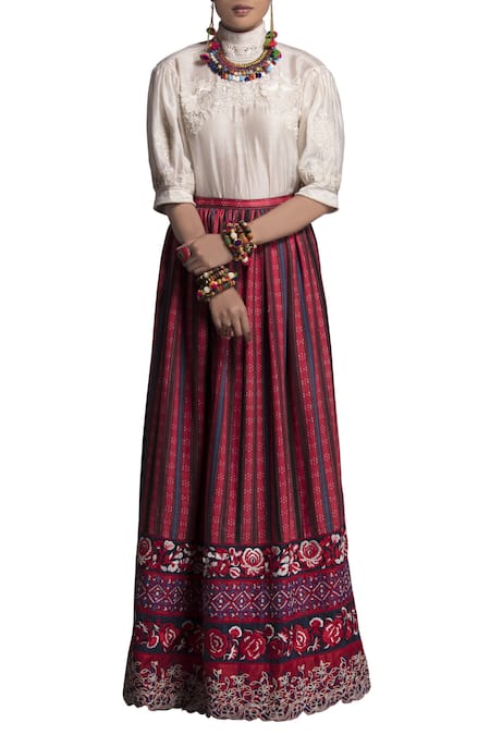 Payal Jain Red Mashru Embroidered Floral Skirt For Women