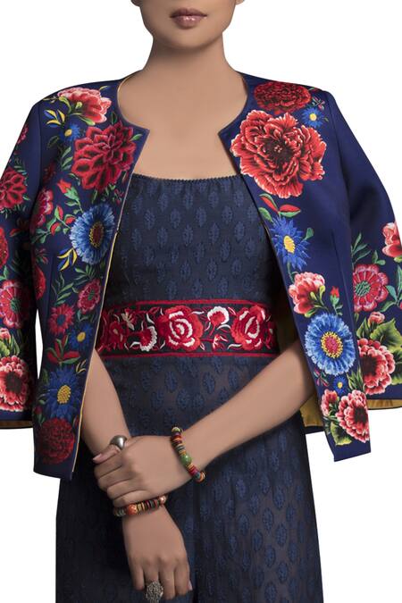 Payal Jain Blue Cotton Embroidered Floral Jumpsuit With Printed Jacket 3