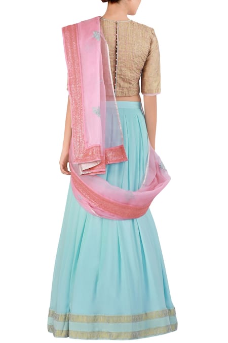 Shop_Latha Puttanna_Blue Georgette Embroidered Round Lehenga Saree Set  _at_Aza_Fashions